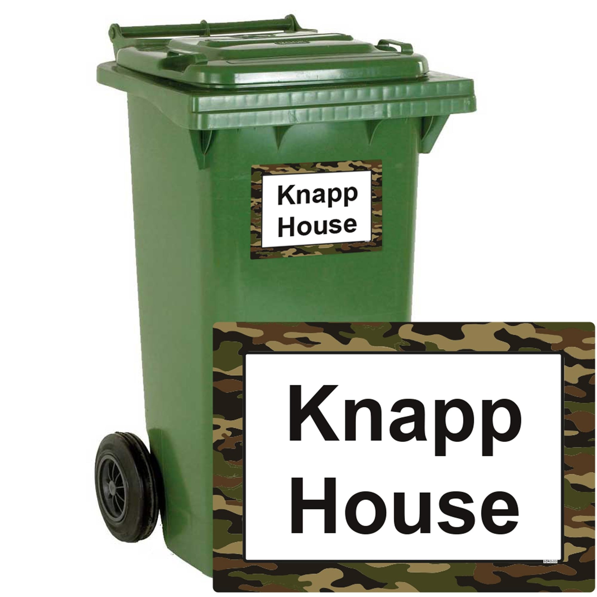 Green Camouflage personalised wheelie bin stickers with house number and street name