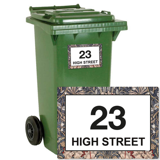 William Morris Honeysuckle personalised wheelie bin stickers with house number and street name