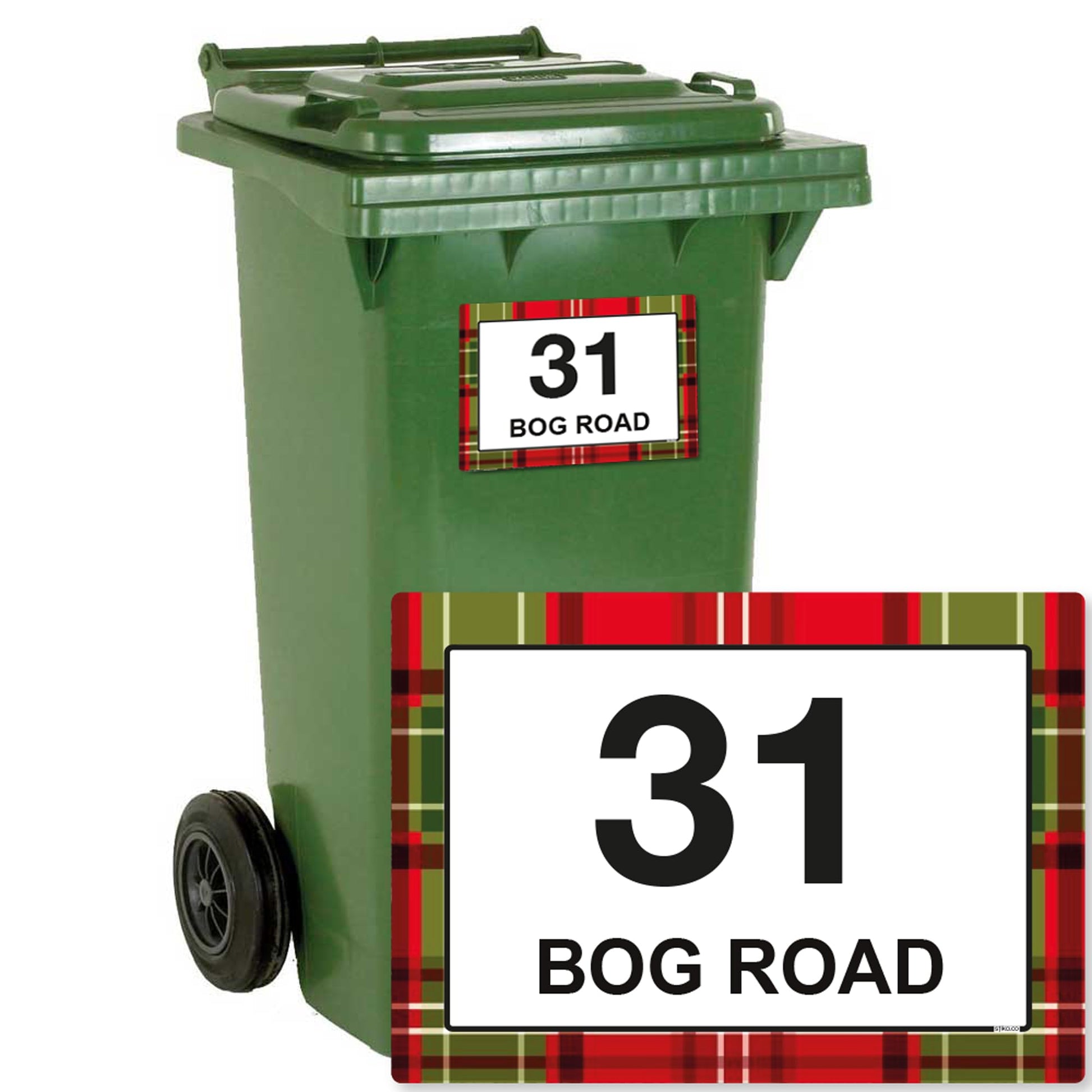 Tartan personalised wheelie bin stickers with house number and street name