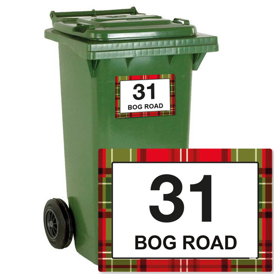 Tartan personalised wheelie bin stickers with house number and street name