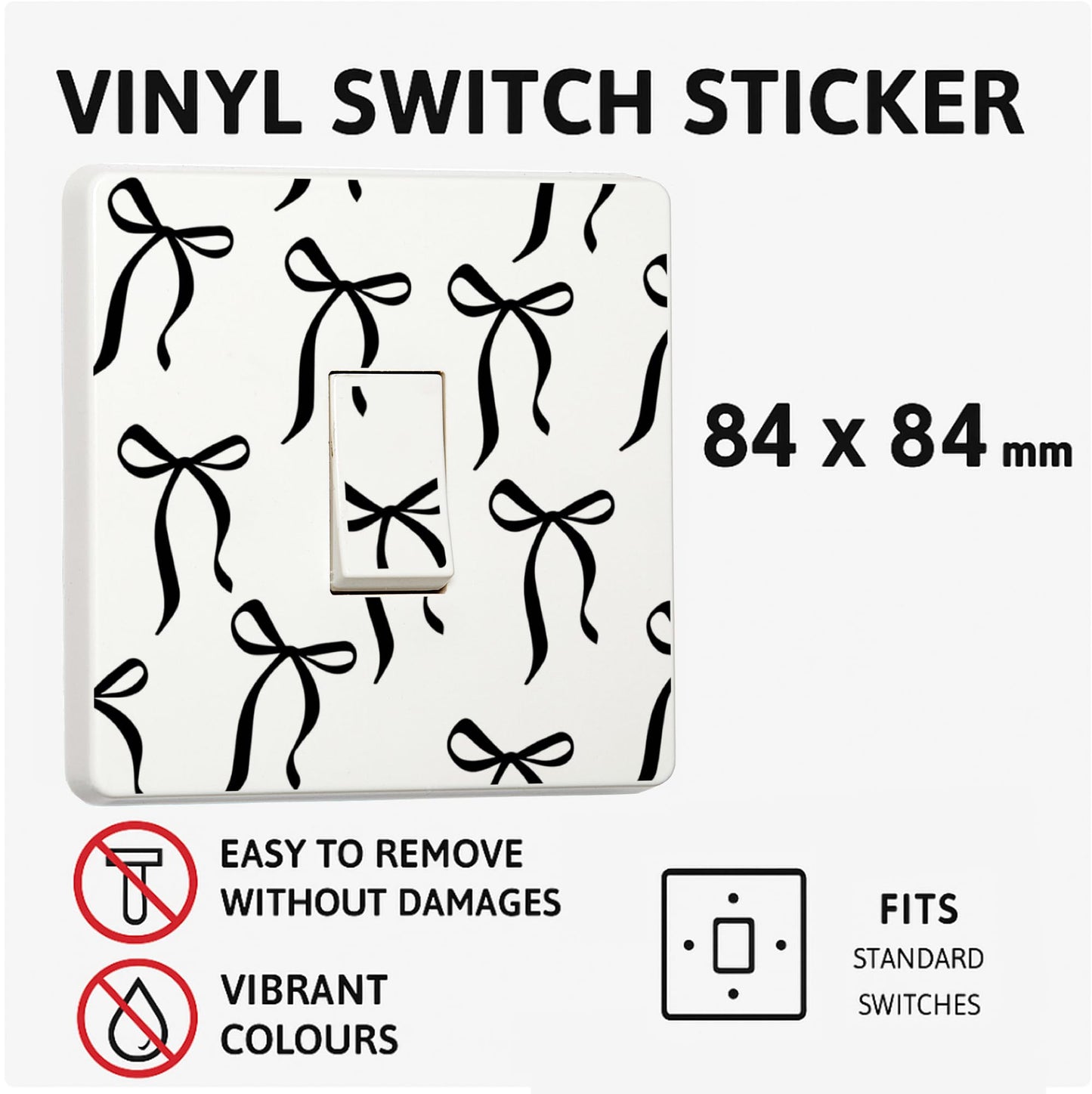 Black bow switch cover decal shown in a styled room