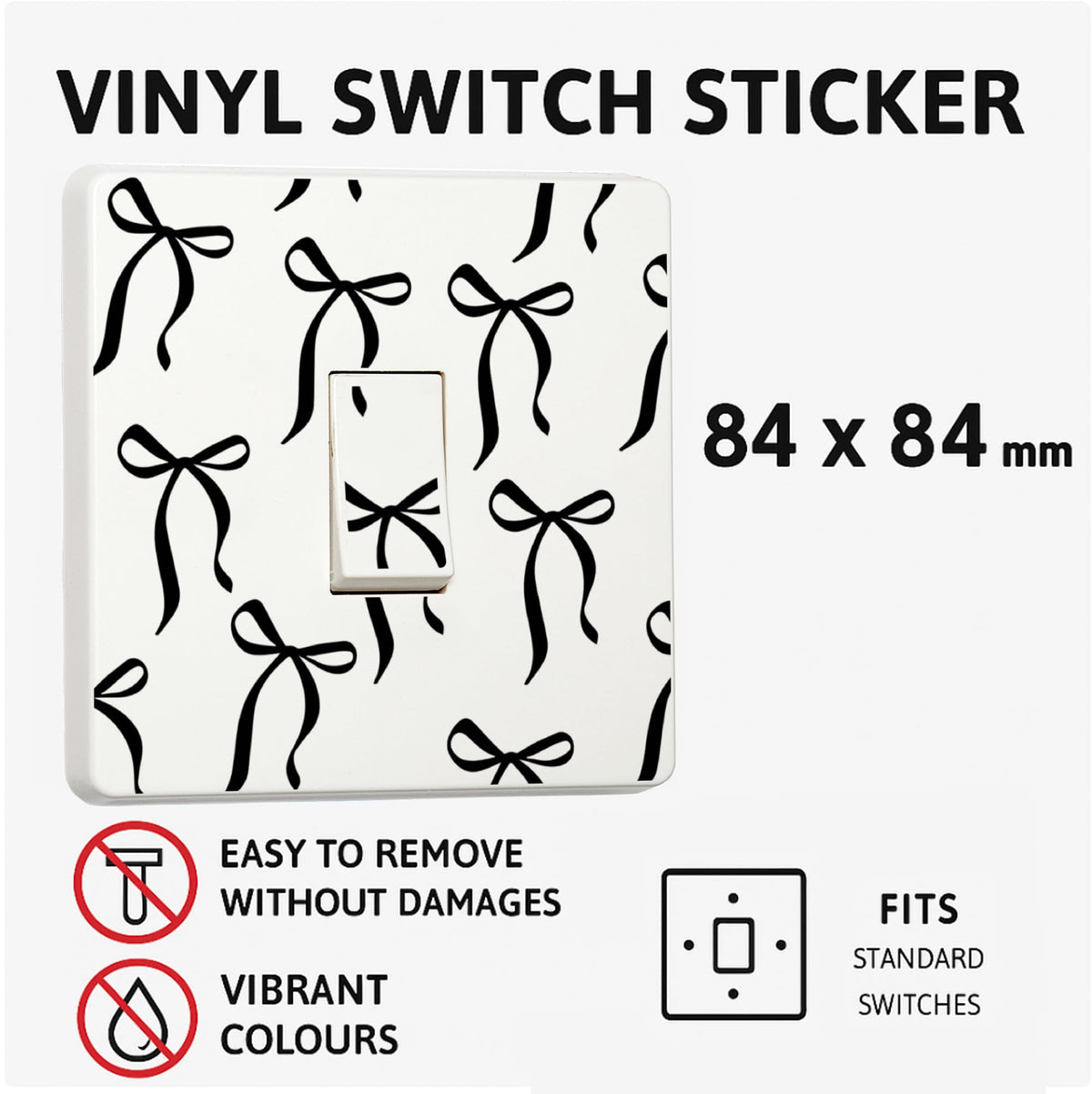 Black bow switch cover decal shown in a styled room