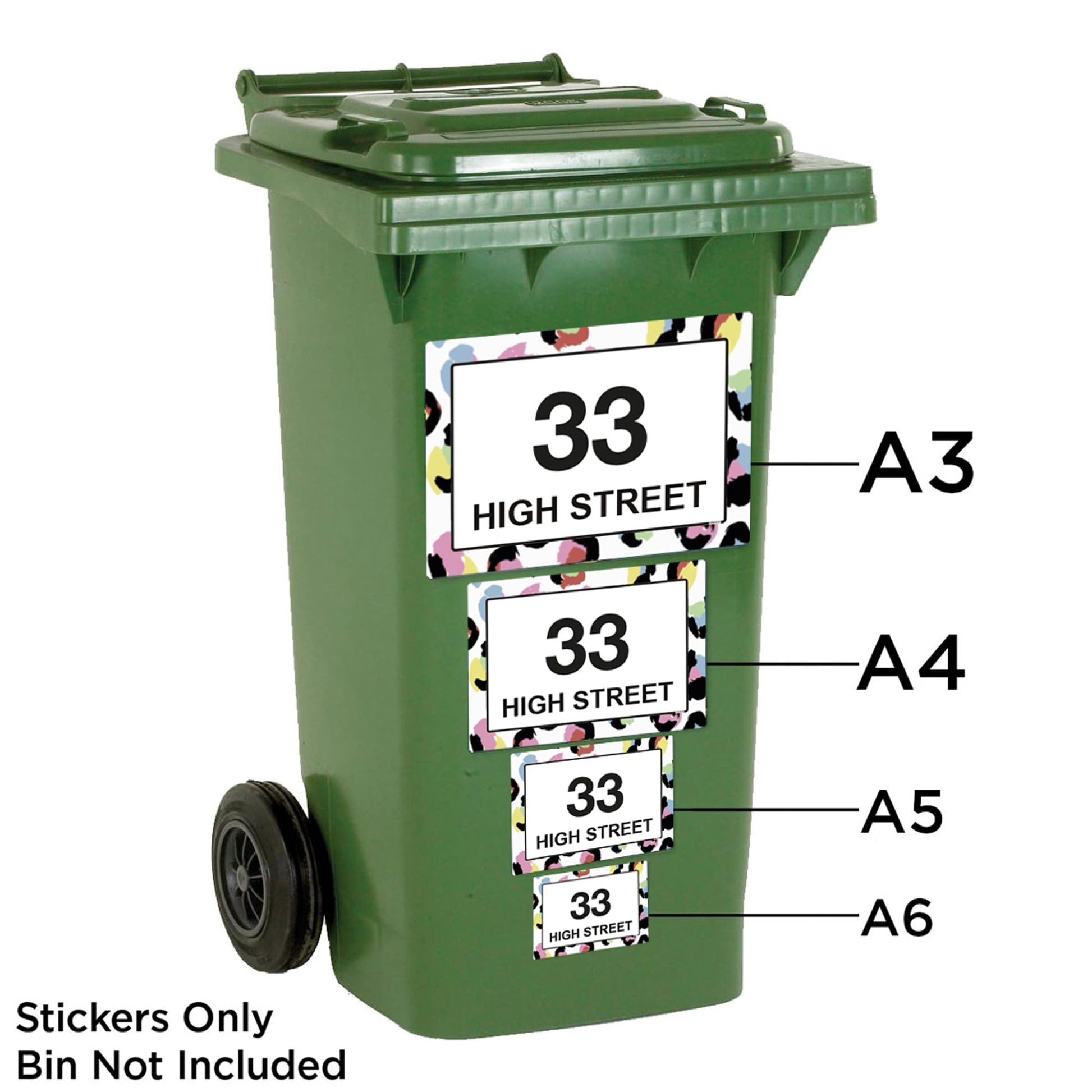 Rainbow Leopard Print wheelie bin sticker details and application example