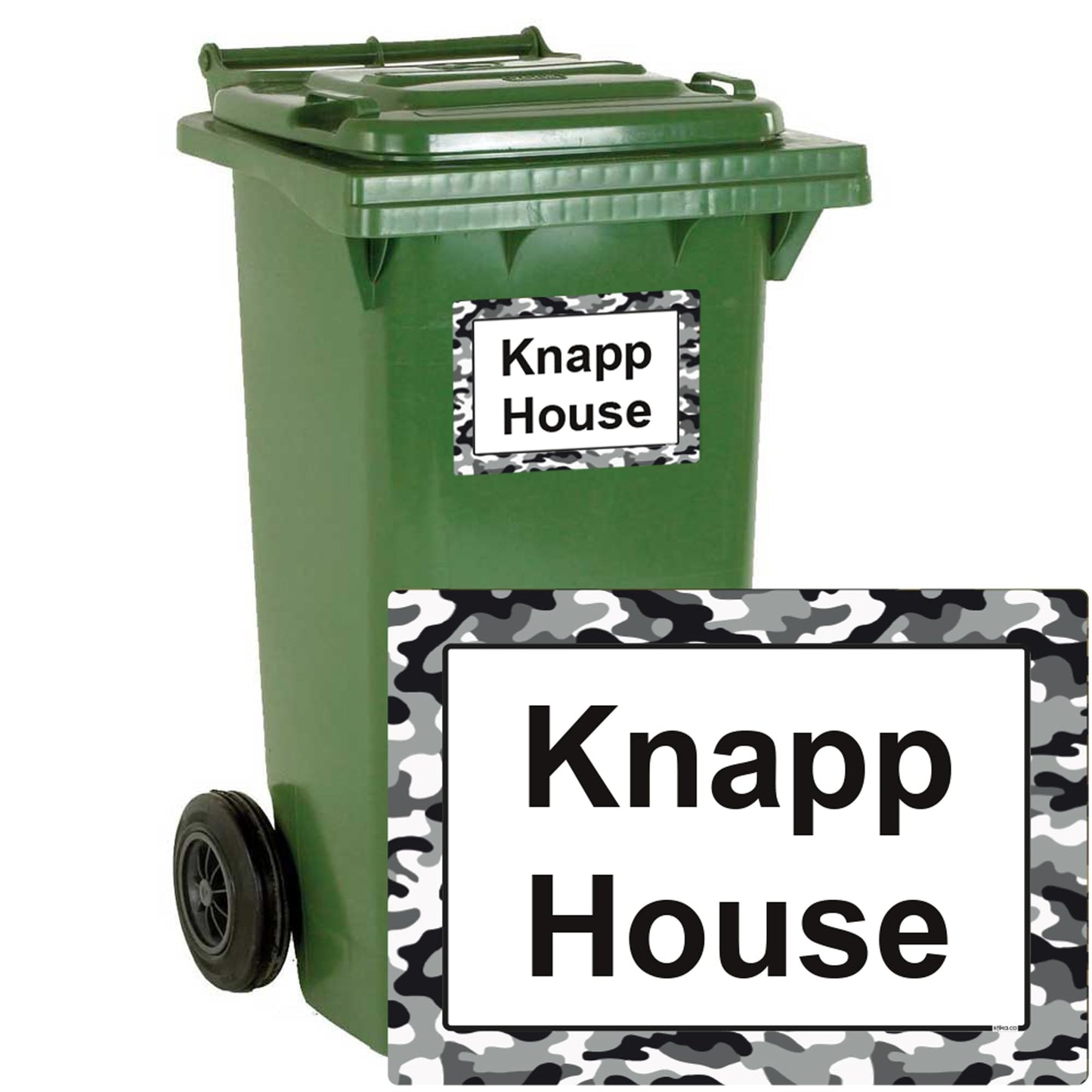 White Camouflage personalised wheelie bin stickers with house number and street name