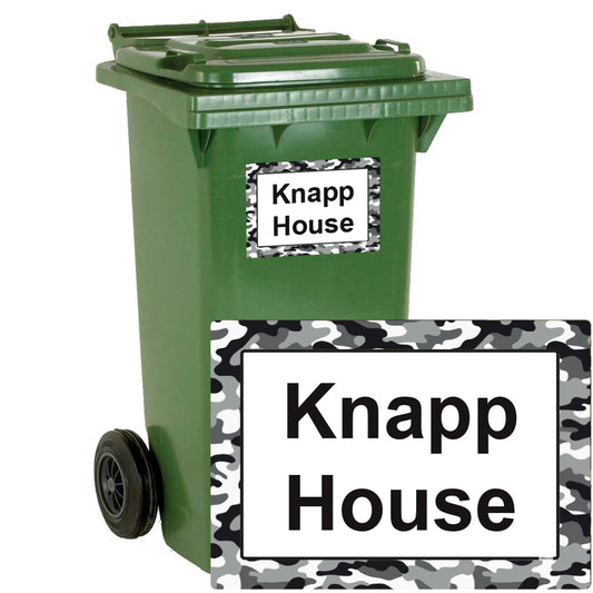 White Camouflage personalised wheelie bin stickers with house number and street name