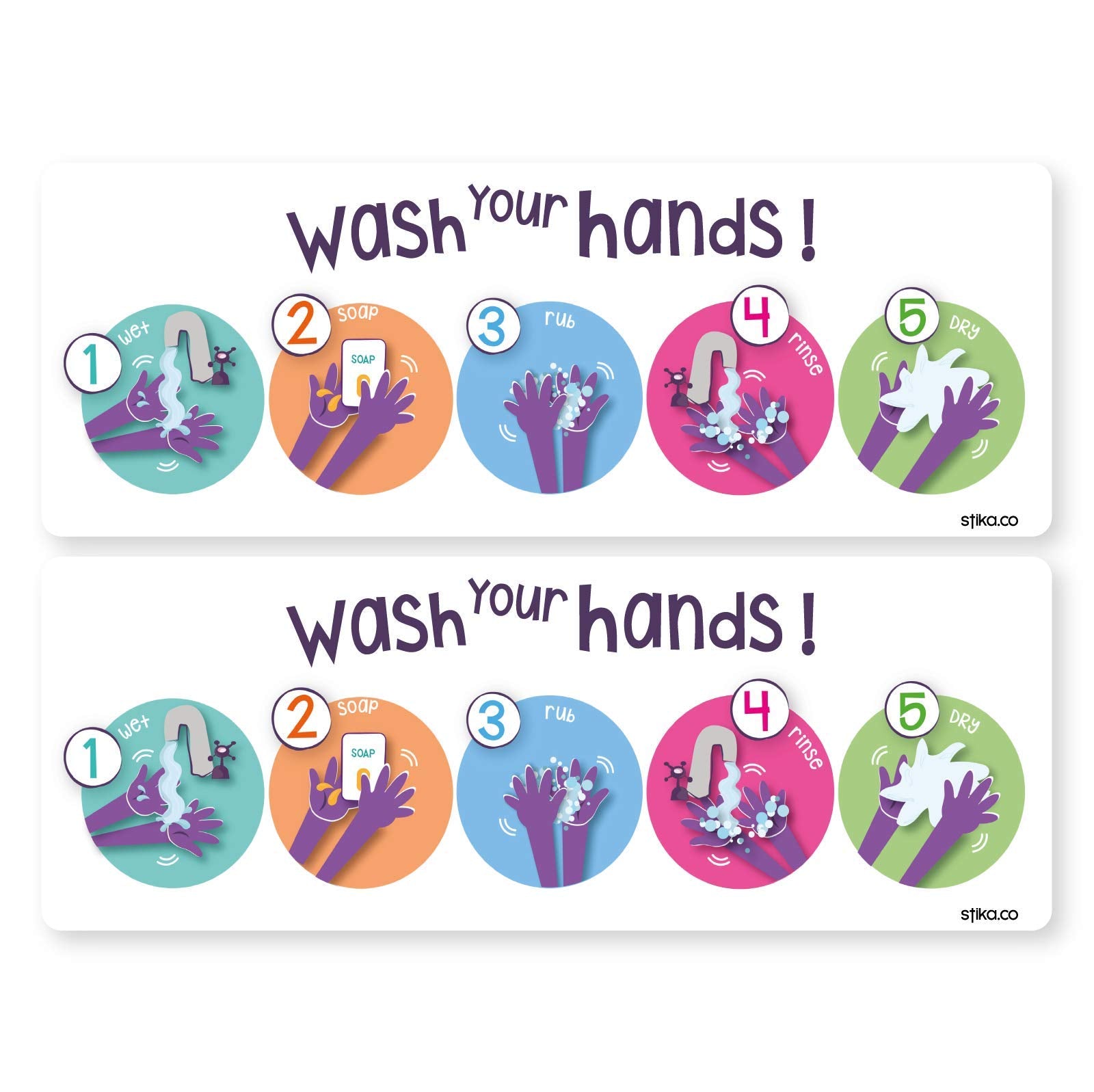 Set of 2 Children's Hand-Washing Technique Stickers - 200mm x 74mm - Set of 2