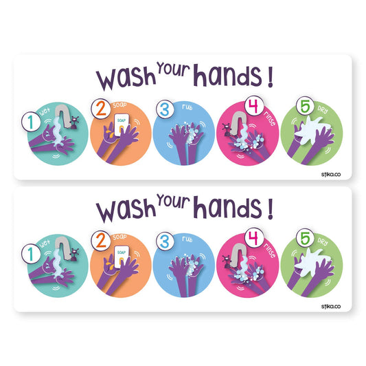 Set of 2 Children's Hand-Washing Technique Stickers - 200mm x 74mm - Set of 2