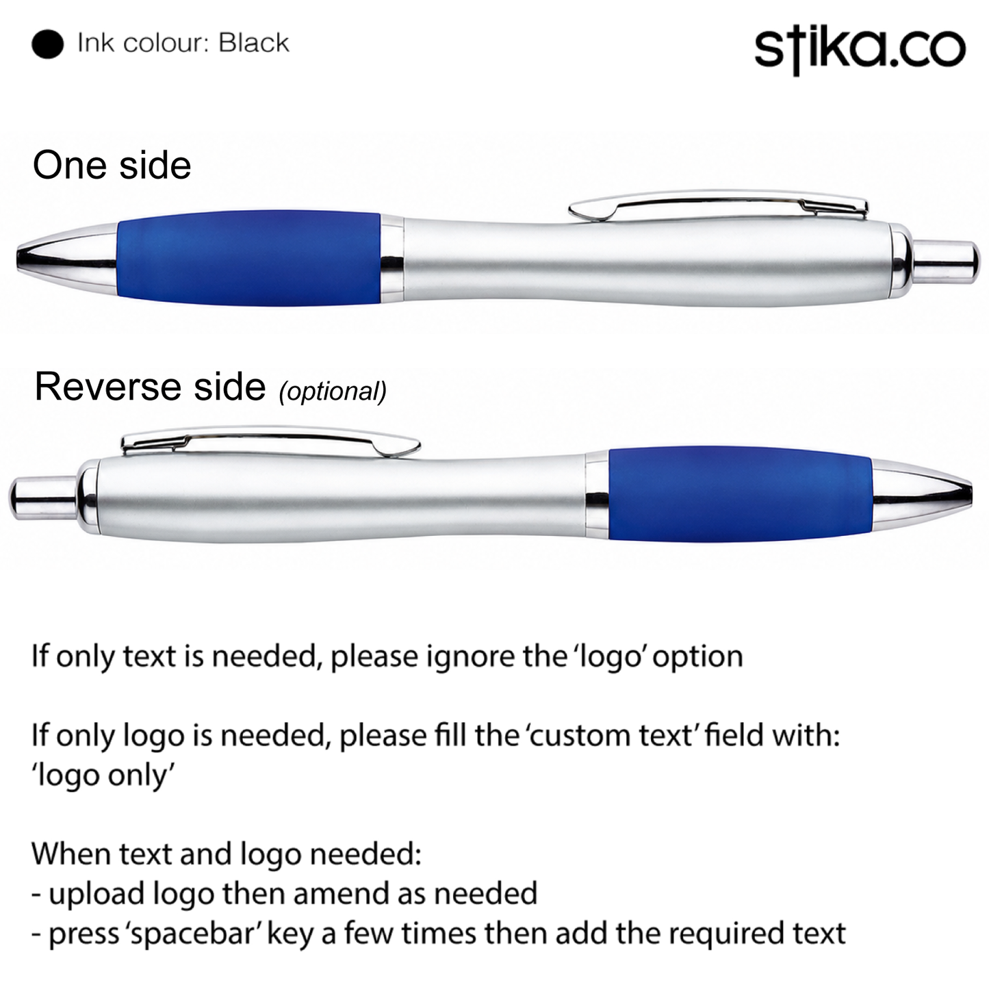 Custom printed silver-barrel pen with blue grip