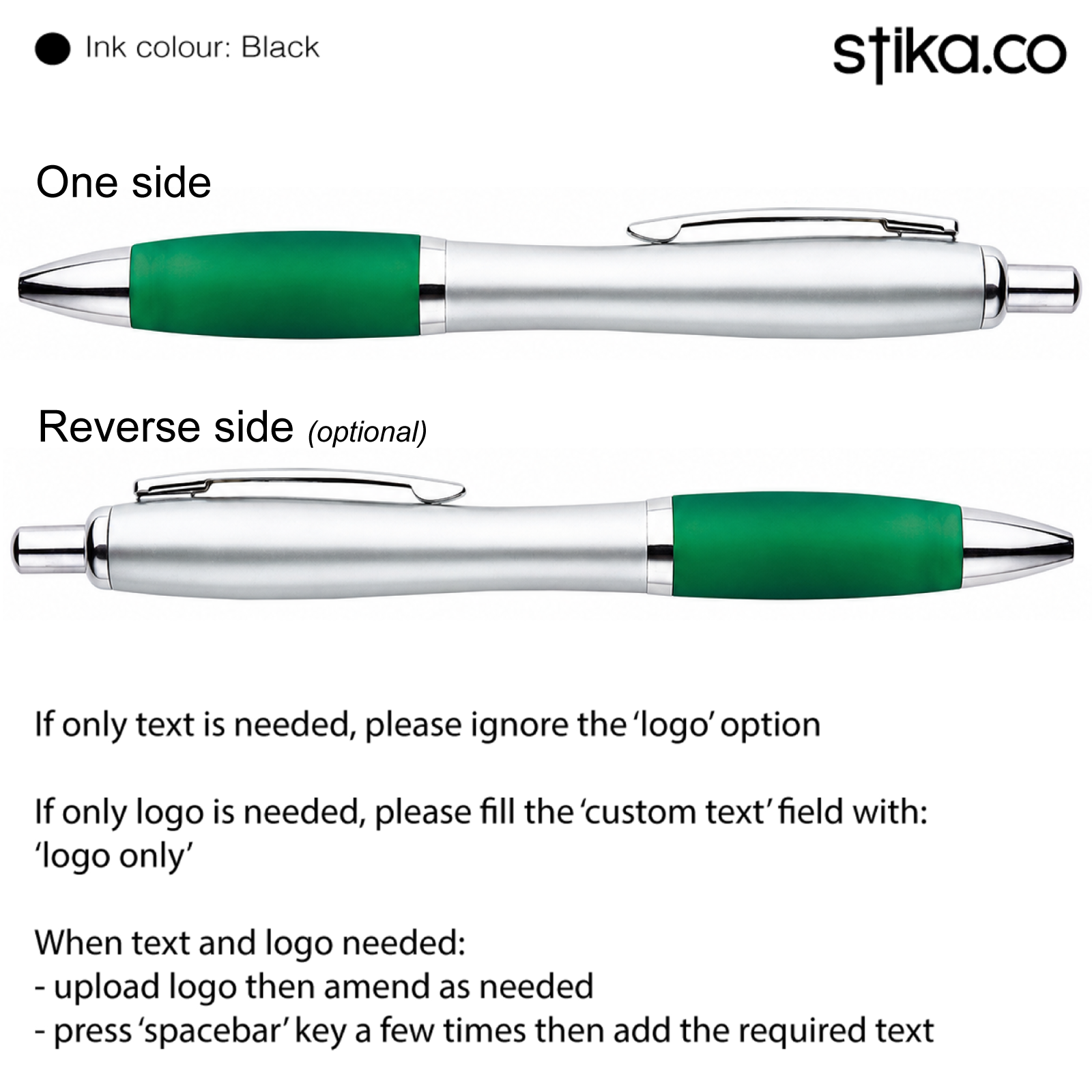 Customised pen with silver barrel and green grip