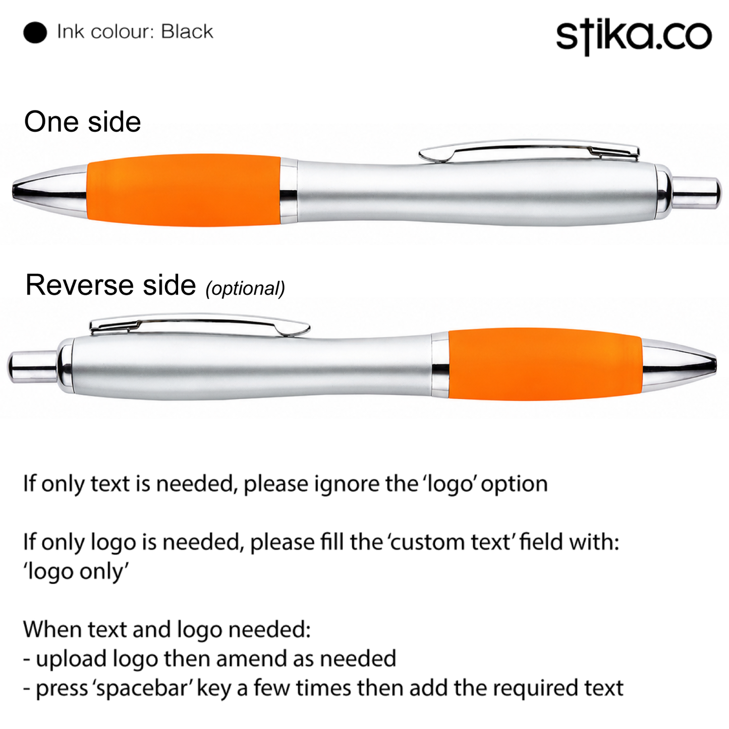 Personalised promotional pen with silver barrel and orange grip