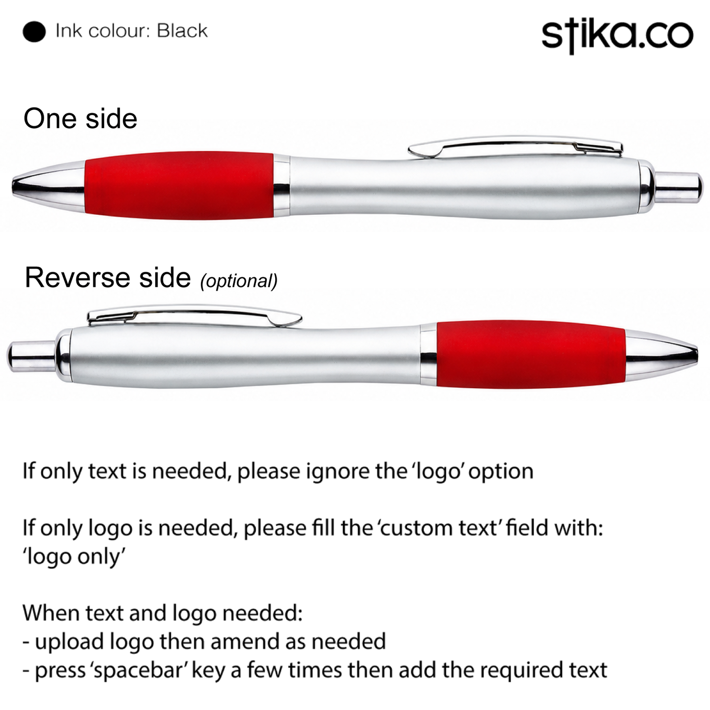 Branded promotional pen with silver barrel and red grip