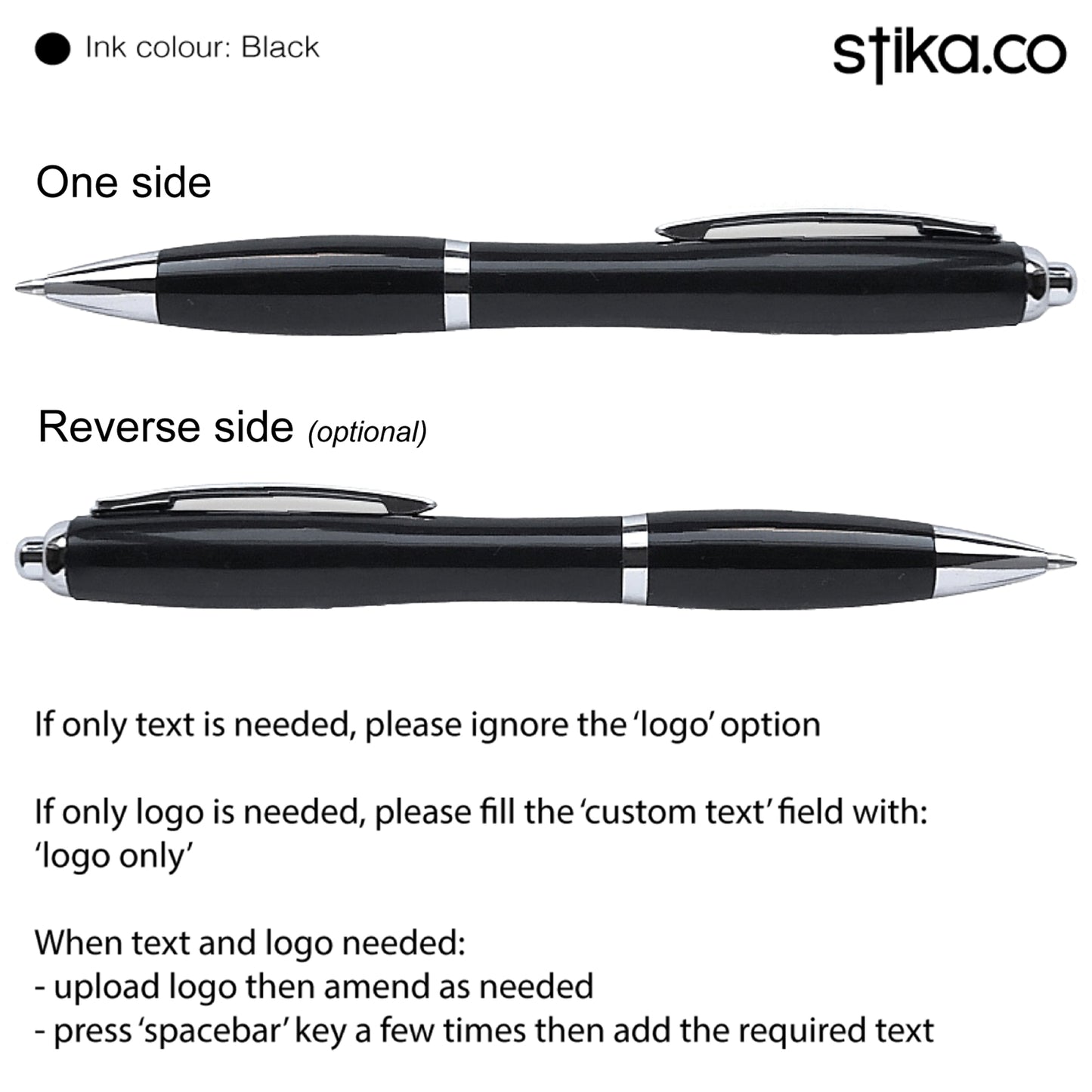 A black retractable pen shown from two angles on a white background, with text explaining one side versus reverse side and customization instructions. The brand name stika.