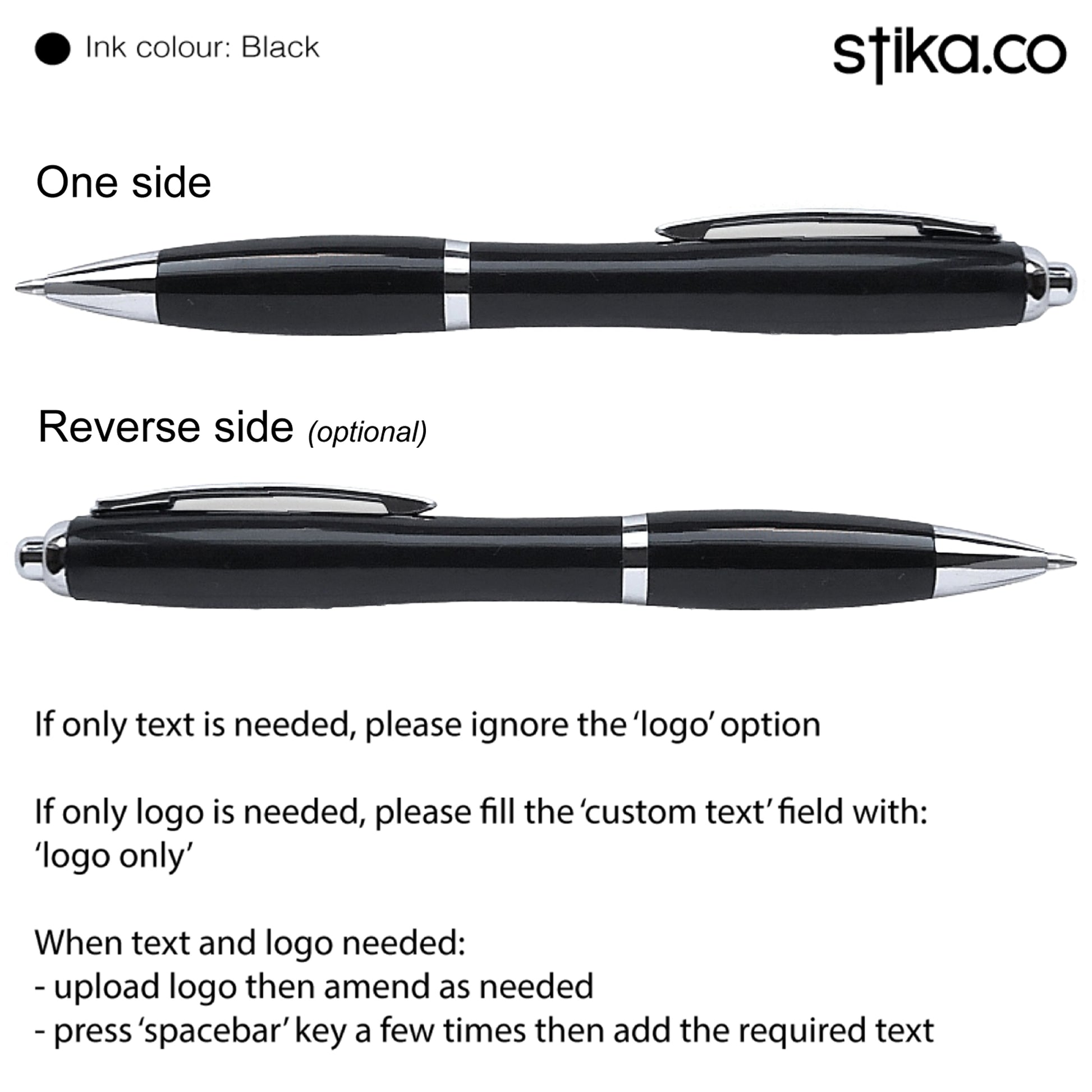 A black retractable pen shown from two angles on a white background, with text explaining one side versus reverse side and customization instructions. The brand name stika.