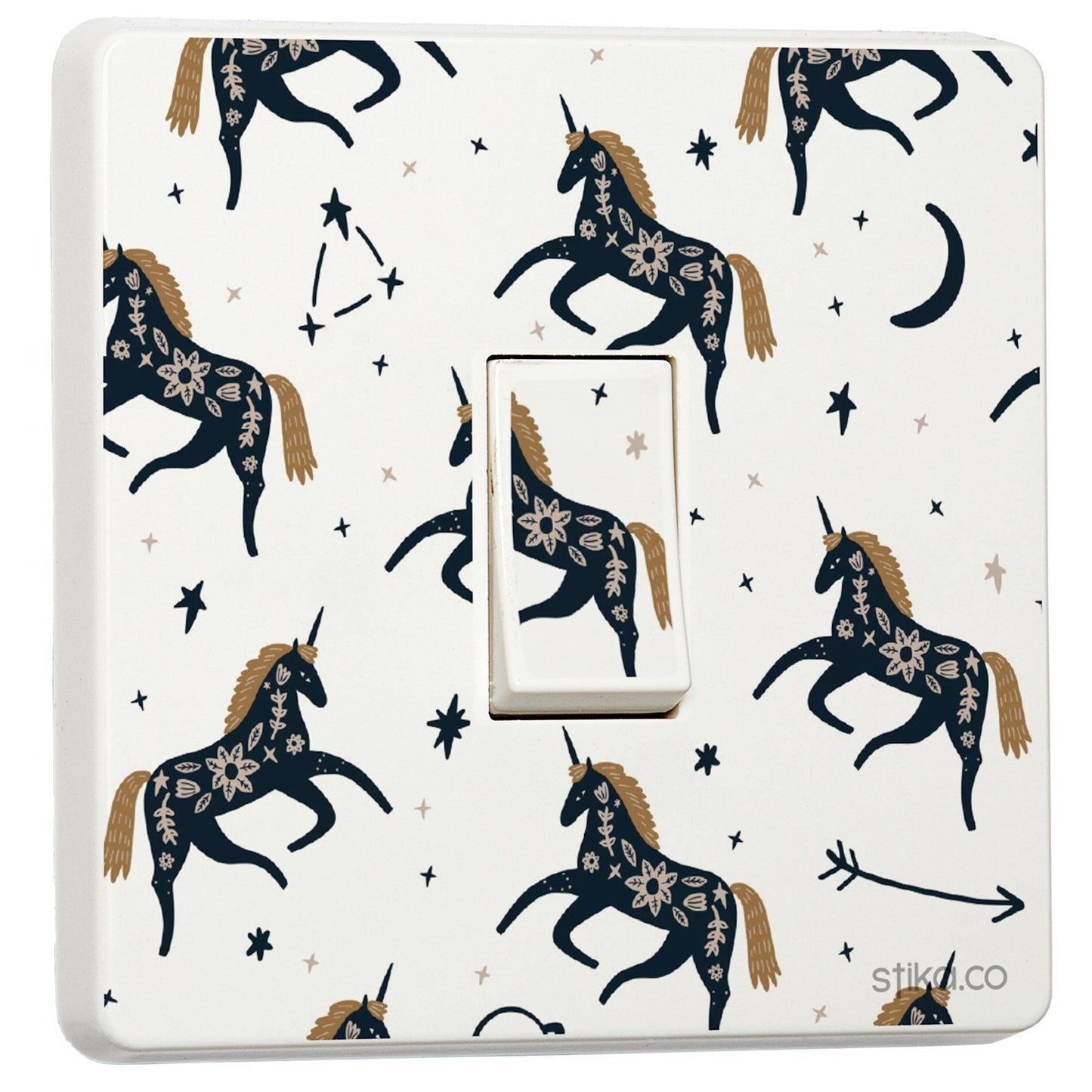 Navy Unicorn light switch sticker for a compatible UK single switch