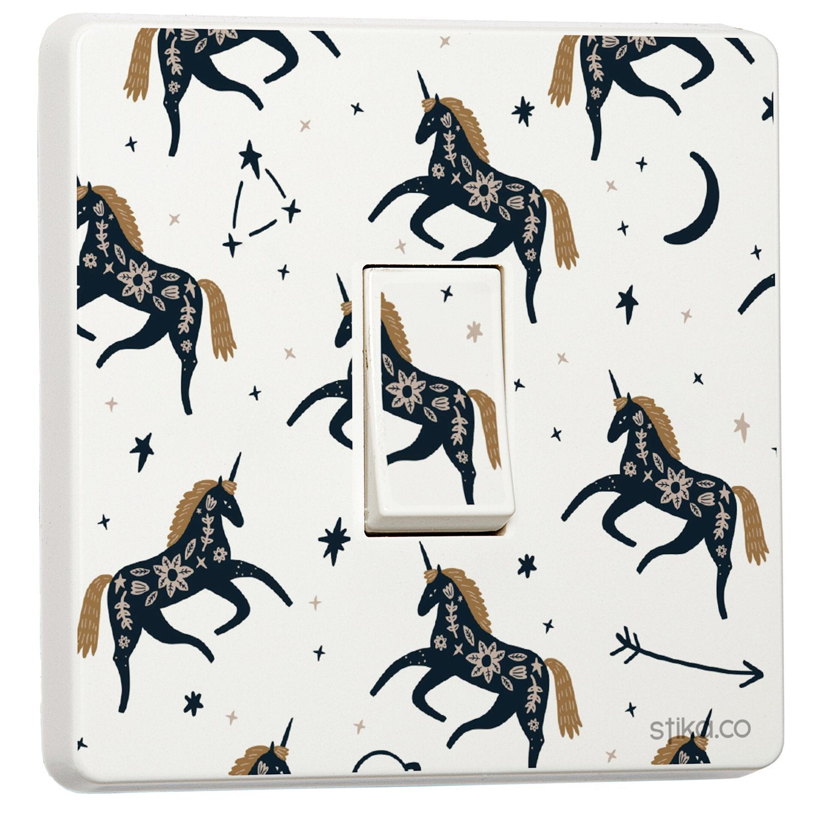 Navy Unicorn light switch sticker for a compatible UK single switch