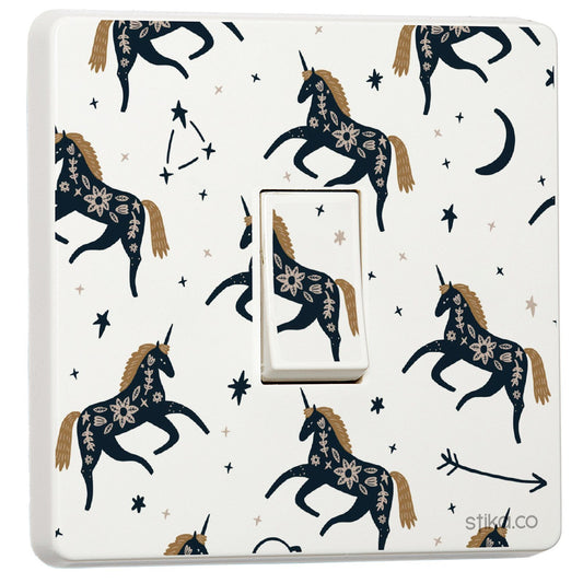 Navy Unicorn light switch sticker for a compatible UK single switch