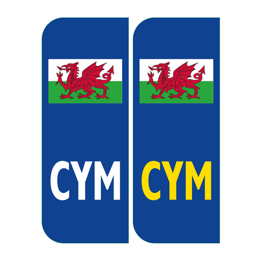 Set of 2 CYM Welsh flag number plate stickers for a vehicle