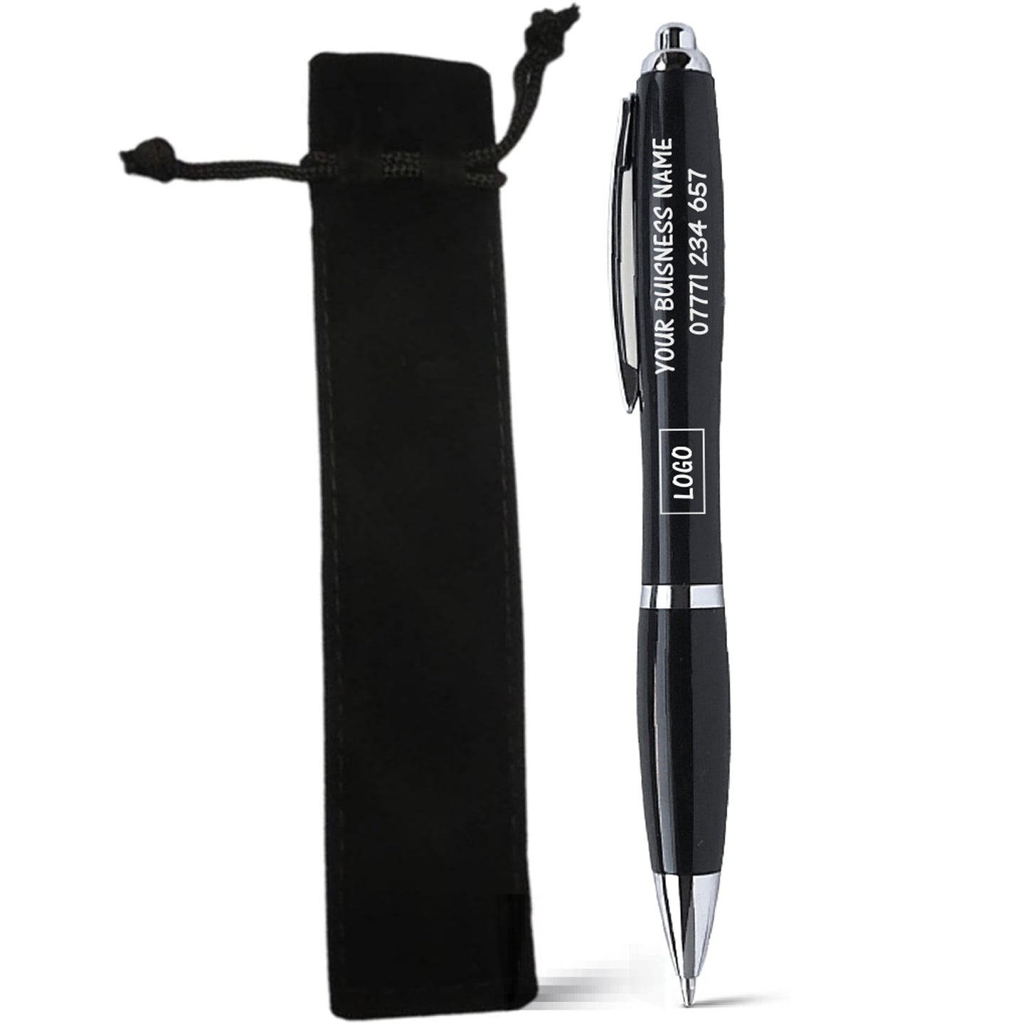 A black retractable ballpoint pen with silver accents and white printed placeholder text, shown next to a matching black drawstring pouch on a white background.