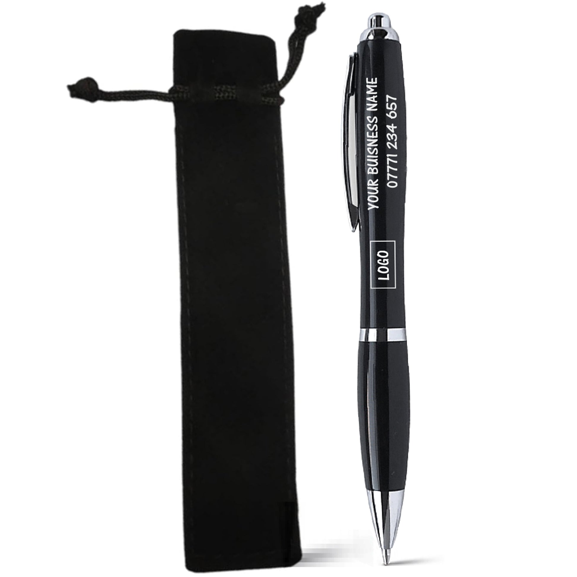A black retractable ballpoint pen with silver accents and white printed placeholder text, shown next to a matching black drawstring pouch on a white background.