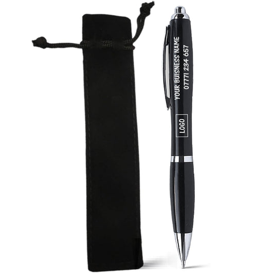 A black retractable ballpoint pen with silver accents and white printed placeholder text, shown next to a matching black drawstring pouch on a white background.