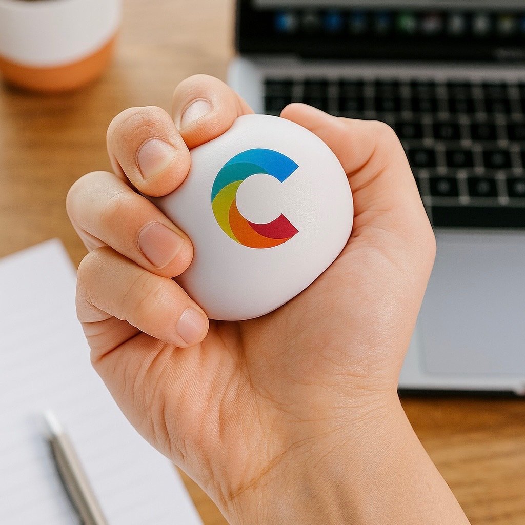 Personalised white promotional stress balls printed with a custom logo