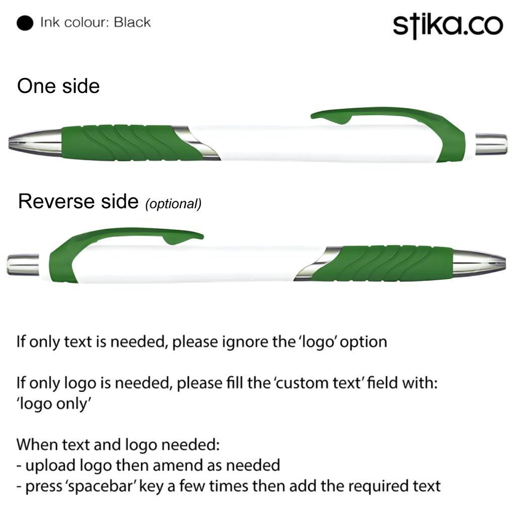 Customised pen with silver barrel and green grip