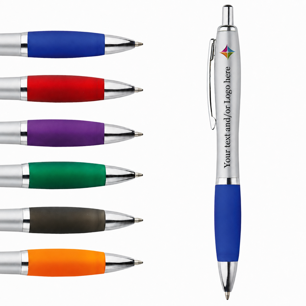 Personalised silver-barrel promotional pen with coloured grip
