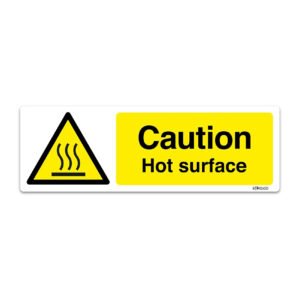 Self-adhesive Caution Hot surface sticker on a white background. 2. Durable Caution Hot surface warning sticker displayed in a kitchen setting. 3. Close-up of a Caution Hot surface sticker with bold text for safety. 4. Self-adhesive sticker warning about hot surface hazards, ideal for bathrooms and kitchens. 5. Caution Hot surface sticker applied to a sink, ensuring safety in the home.