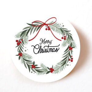 Merry Christmas Wreath Stickers – Pack 24, 40mm Paper Labels for Cards, Gifts & Envelopes