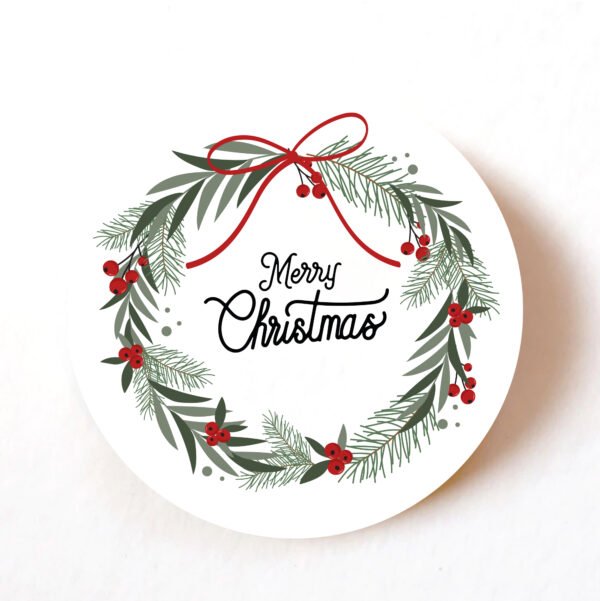 Merry Christmas Wreath Stickers – Pack 24, 40mm Paper Labels for Cards, Gifts & Envelopes 1 PL40 WREATH