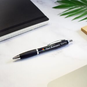 Personalised Plastic Black Gloss Barrel Pen – Customisable Promotional Pen with Logo & Text Printing, Ideal for Events & Giveaways